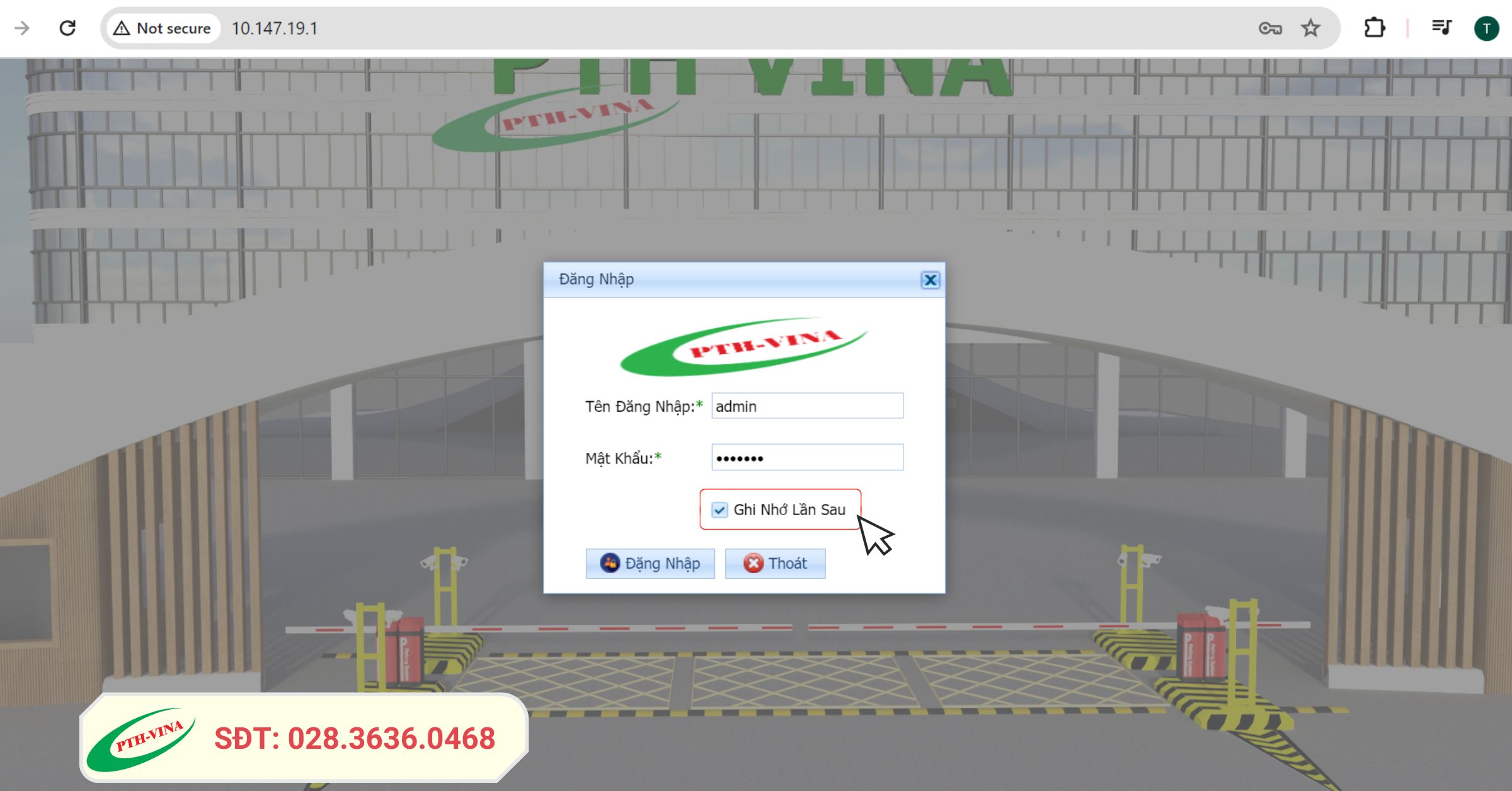 Giao diện đăng nhập của phần mềm giữ xe PTH Vina