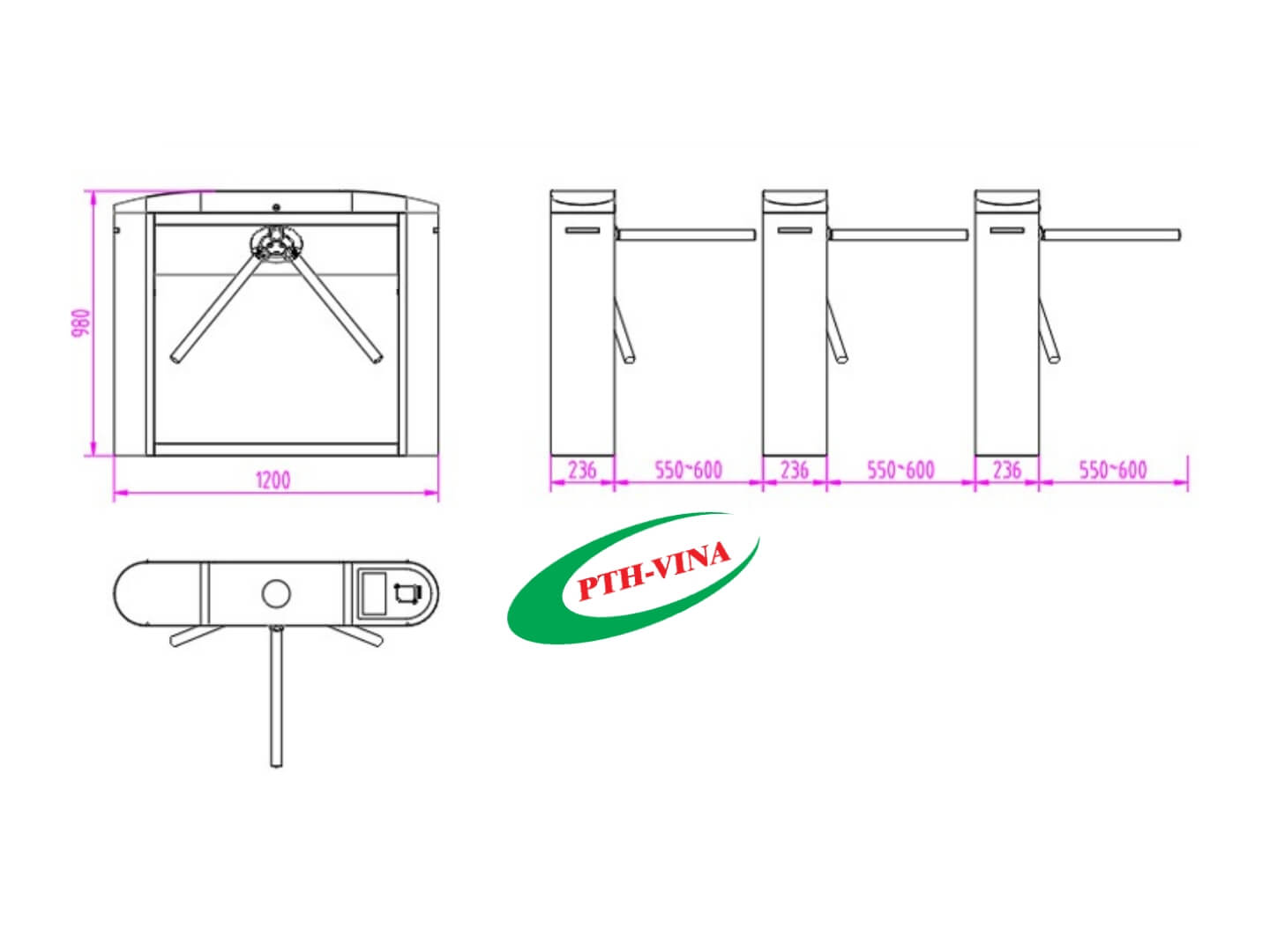Kích thước Cổng xoay 3 chấu PT-525