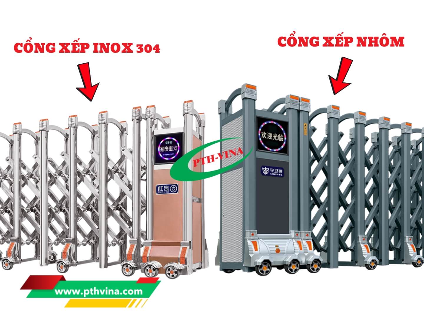 cổng xếp inox 304 vs cổng xếp nhôm