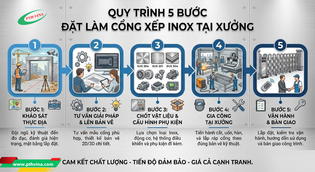 Quy trình 5 bước đặt làm cổng xếp Inox tại Xưởng Quy trình 5 bước đặt làm cổng xếp Inox tại Xưởng