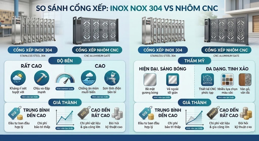 So sánh Cổng xếp Inox 304 và Cổng xếp Hợp kim Nhôm So sánh Cổng xếp Inox 304 và Cổng xếp Hợp kim Nhôm