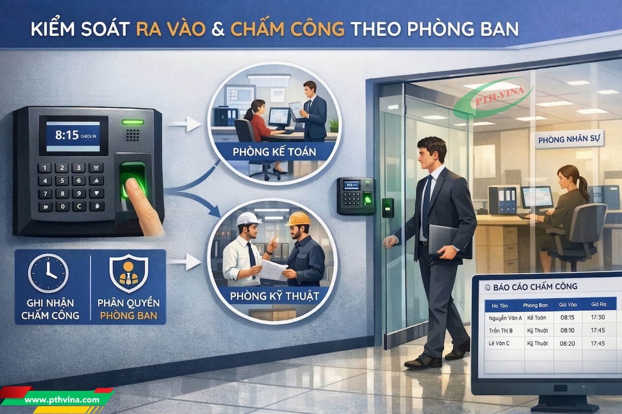 Kiểm soát ra vào bằng vân tay gắn với chấm công, phân quyền theo phòng ban Kiểm soát ra vào bằng vân tay gắn với chấm công, phân quyền theo phòng ban