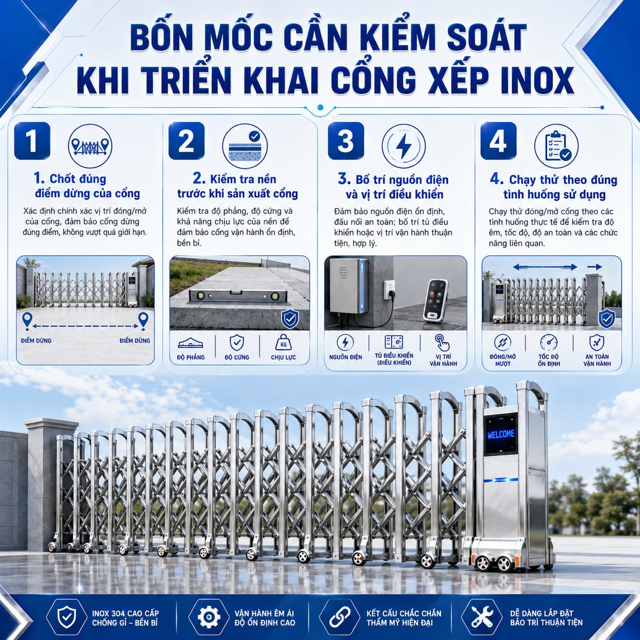 Bốn mốc cần kiểm soát khi triển khai cổng xếp inox Bốn mốc cần kiểm soát khi triển khai cổng xếp inox