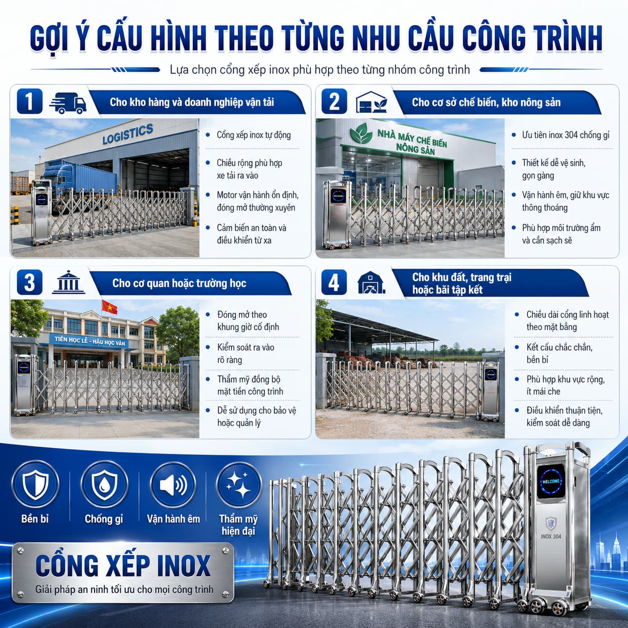Gợi ý cấu hình cổng xếp theo từng nhu cầu công trình Gợi ý cấu hình cổng xếp theo từng nhu cầu công trình