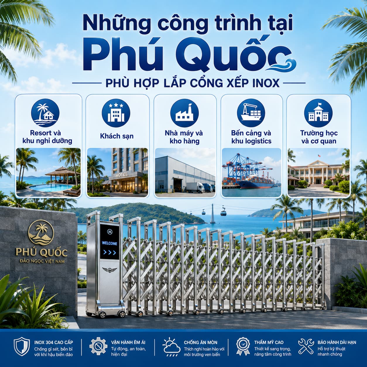 Những công trình tại Phú Quốc phù hợp lắp cổng xếp inox Những công trình tại Phú Quốc phù hợp lắp cổng xếp inox
